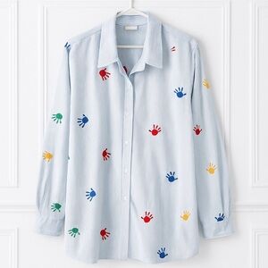 Vintage Casey Coleman Womens Shirt Sz L White Blue Stripes Hands Embroidered EUC